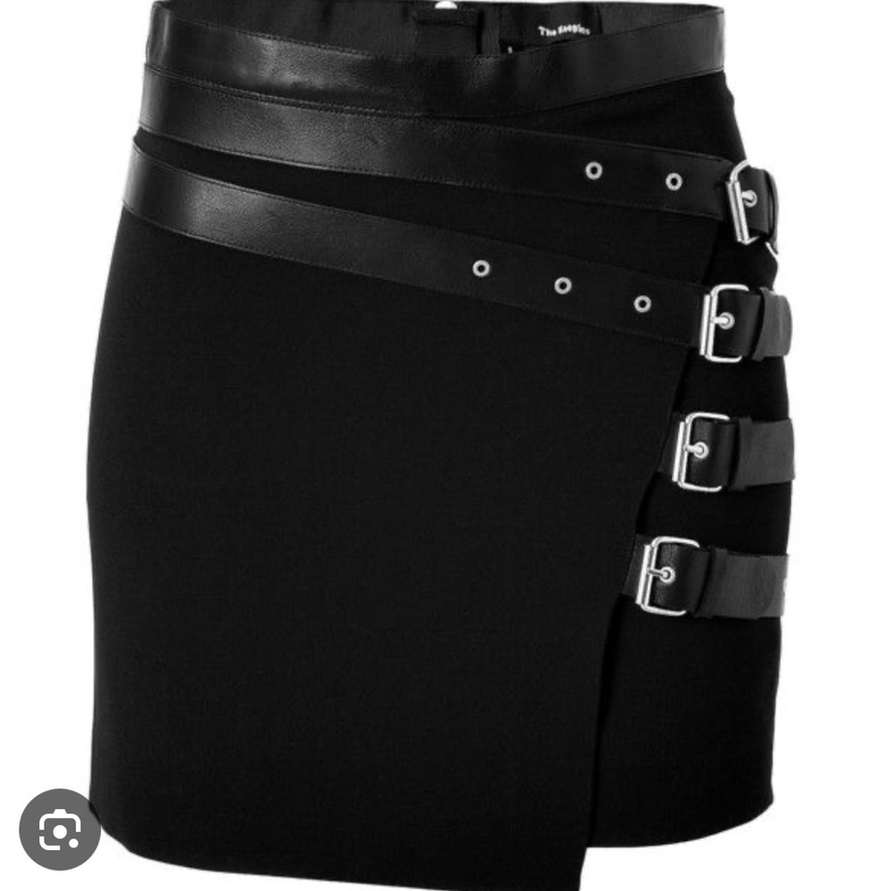 The Kooples black crepe wrap mini skirt with leather buckle detail